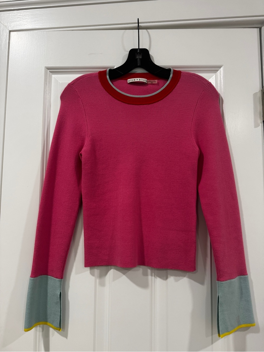 Alice + Olivia Hot Pink Colorblock Crewneck Sweater with Red Trim